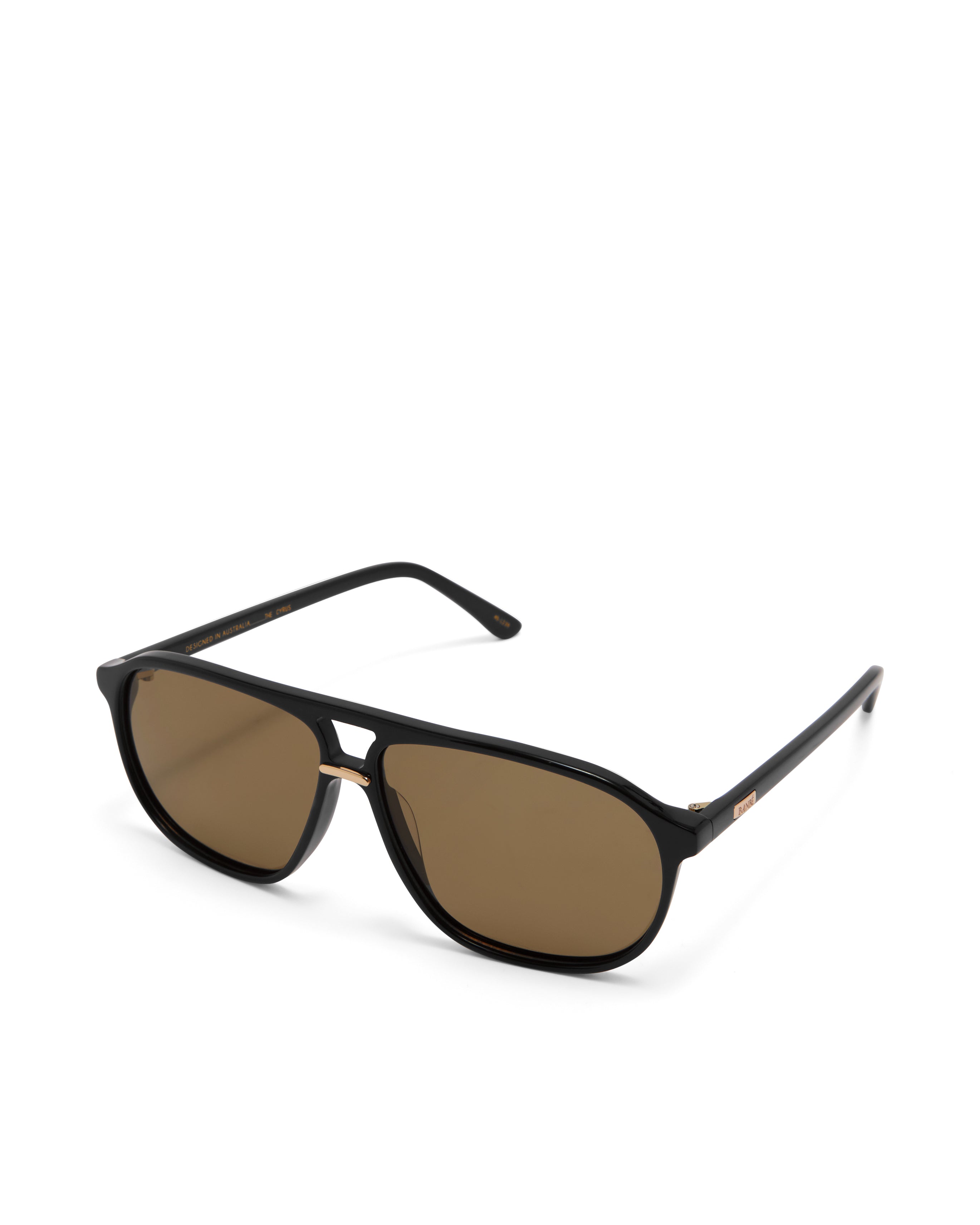 Oversized women's aviator sunglasses with a, flat-top brow bar, keyhole cut, double bridge, and slim arms.