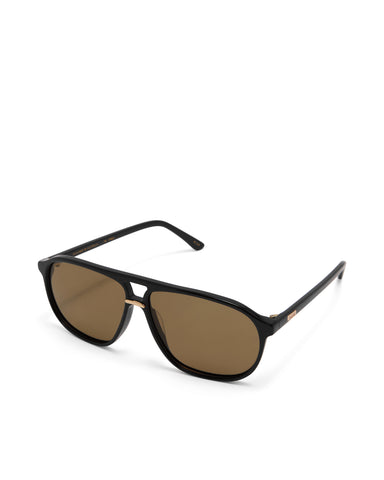 Oversized women's aviator sunglasses with a, flat-top brow bar, keyhole cut, double bridge, and slim arms.