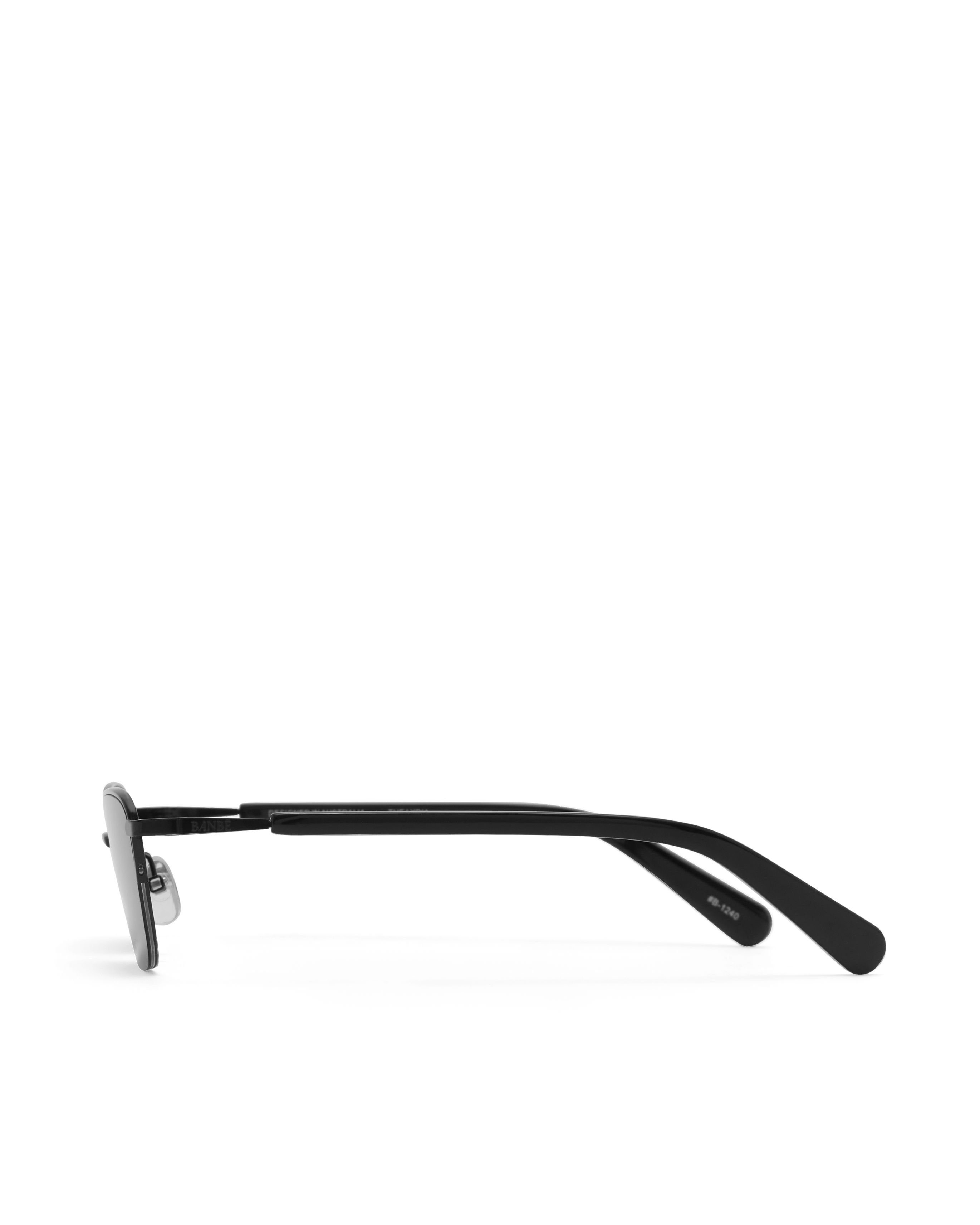 Women’s metal cat-eye sunglasses with UV protection, thin frame, dark tinted lenses, side view