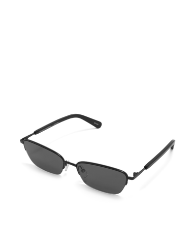 Women’s metal cat-eye sunglasses with UV protection, thin frame, dark tinted lenses, side view